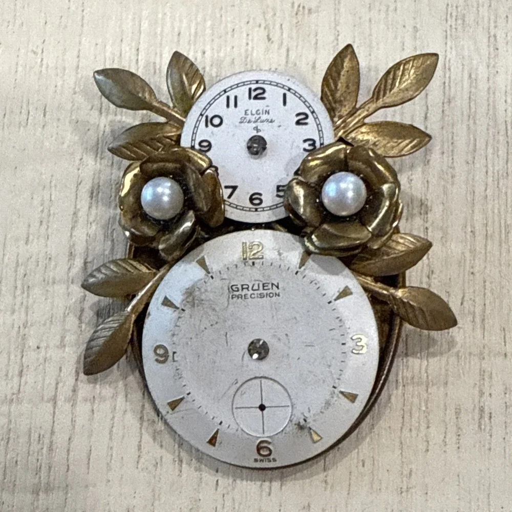 Vintage Handmade‎ Watch Face & Parts Brooch Pin One Of A Kind
